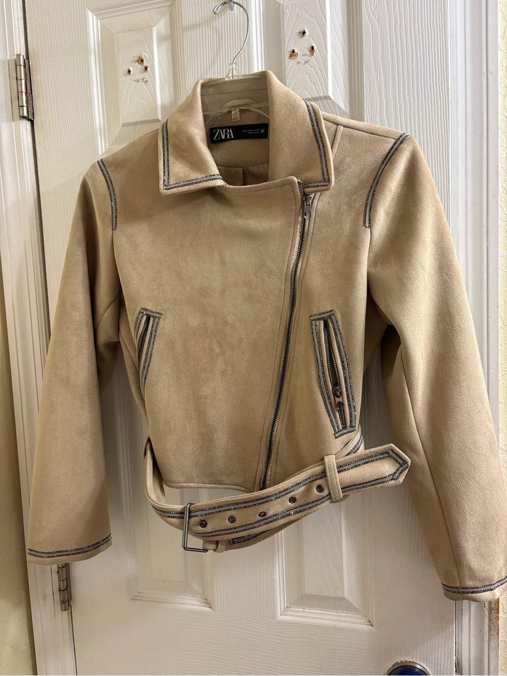 Women's Zara Beige Faux Suede Belted Jacket - Picture 8 of 17
